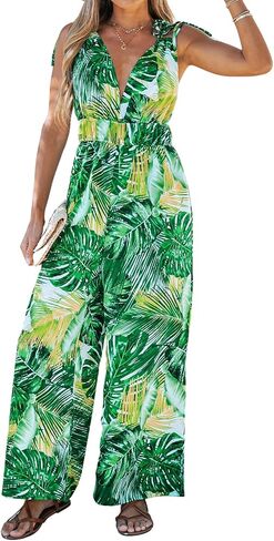 CUPSHE Tropical Leaf Print Smocked Jumpsuit Wide Leg Rompers V Neck Sleeveless Jumpsuits in Saudi Arabia