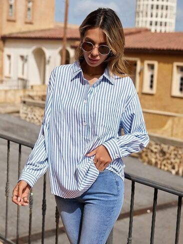 SweatyRocks Women's Striped Print Button Down Long Sleeve Shirt Collared Neck Loose Tops with Pocket in Saudi Arabia