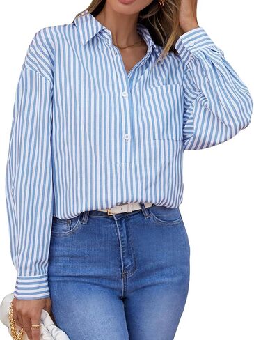 SweatyRocks Women's Striped Print Button Down Long Sleeve Shirt Collared Neck Loose Tops with Pocket in Saudi Arabia