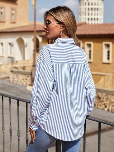 SweatyRocks Women's Striped Print Button Down Long Sleeve Shirt Collared Neck Loose Tops with Pocket in Saudi Arabia
