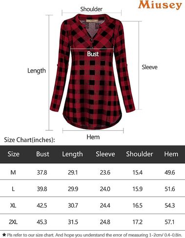 Miusey Womens Buffalo Plaid Roll Sleeve V Neck Flowy Loose Tunic Blouse in Kuwait