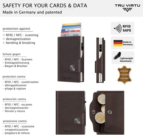 Tru Virtu® Card Wallet Click & Slide Coin Pocket I Credit Card Holder I Card Case RFID NFC Protection I Wallet Made of Genuine Italian Leather I Wallet I Slim Wallet (Nappa Brown/Silver) in Kuwait