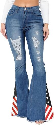 بنطال جينز نسائي ممزق بعلم أمريكي من EVEDESIGN - بنطال جينز نحيف عالي الخصر مع حاشية متوترة قابلة للتمدد وأنيقة in Kuwait