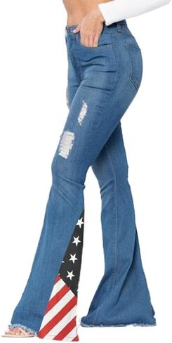 بنطال جينز نسائي ممزق بعلم أمريكي من EVEDESIGN - بنطال جينز نحيف عالي الخصر مع حاشية متوترة قابلة للتمدد وأنيقة in Kuwait