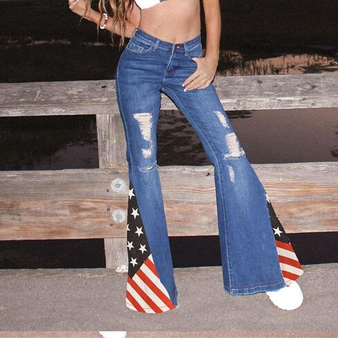 بنطال جينز نسائي ممزق بعلم أمريكي من EVEDESIGN - بنطال جينز نحيف عالي الخصر مع حاشية متوترة قابلة للتمدد وأنيقة in Kuwait