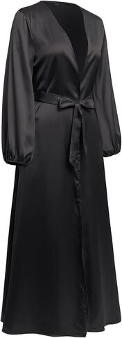 Women Muslim Cardigan with Belt Pockets Lantern Sleeve Satin Maxi Prayer Dress Arabic Dubai Abaya Kaftan in Saudi Arabia