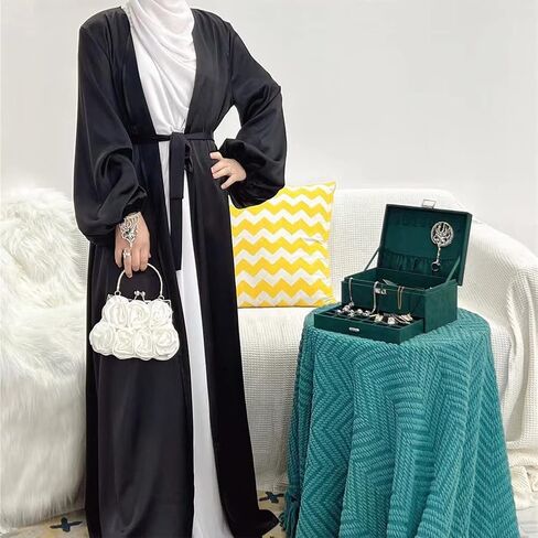 Women Muslim Cardigan with Belt Pockets Lantern Sleeve Satin Maxi Prayer Dress Arabic Dubai Abaya Kaftan in Saudi Arabia
