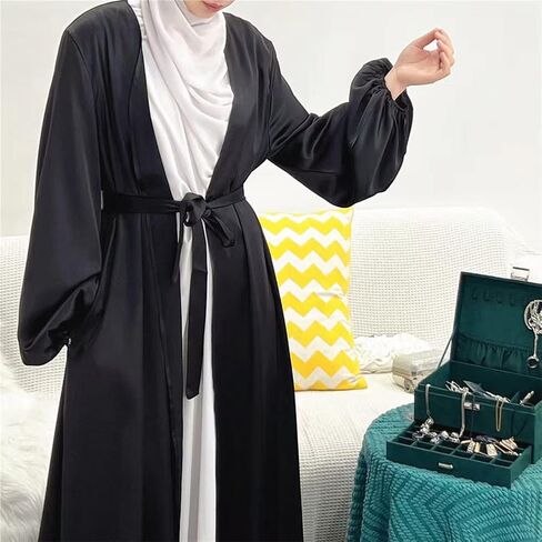 Women Muslim Cardigan with Belt Pockets Lantern Sleeve Satin Maxi Prayer Dress Arabic Dubai Abaya Kaftan in Saudi Arabia
