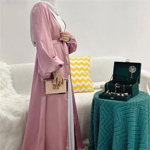 سترة نسائية إسلامية مع جيوب بحزام وأكمام واسعة من الساتان فستان صلاة عربي دبي عباية قفطان in Kuwait
