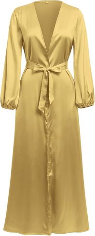 Women Muslim Cardigan with Belt Pockets Lantern Sleeve Satin Maxi Prayer Dress Arabic Dubai Abaya Kaftan in Saudi Arabia