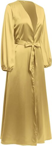 Women Muslim Cardigan with Belt Pockets Lantern Sleeve Satin Maxi Prayer Dress Arabic Dubai Abaya Kaftan in Saudi Arabia