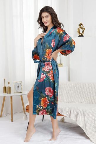 EPLAZA رداء نسائي طويل حريري منقوش عليه زهور من الساتان لحفلات الزفاف وحفلات العروس ووصيفة العروس رداء كيمونو للاستلقاء رداء النوم in Kuwait