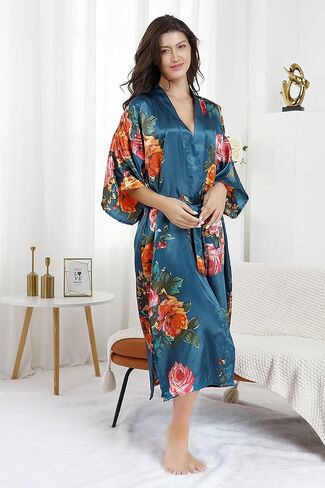 EPLAZA رداء نسائي طويل حريري منقوش عليه زهور من الساتان لحفلات الزفاف وحفلات العروس ووصيفة العروس رداء كيمونو للاستلقاء رداء النوم in Kuwait