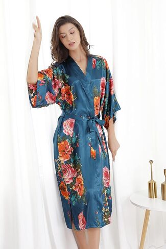 EPLAZA رداء نسائي طويل حريري منقوش عليه زهور من الساتان لحفلات الزفاف وحفلات العروس ووصيفة العروس رداء كيمونو للاستلقاء رداء النوم in Kuwait