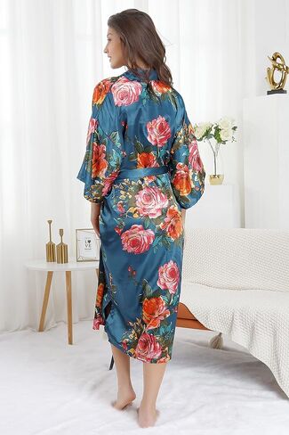 EPLAZA رداء نسائي طويل حريري منقوش عليه زهور من الساتان لحفلات الزفاف وحفلات العروس ووصيفة العروس رداء كيمونو للاستلقاء رداء النوم in Kuwait