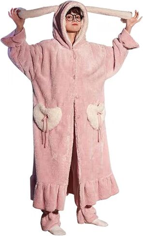 Womens Plush Nightgown Cute Cartoon Coral Fleece Soft Fluffy With hooded Long Bathrobe (Pink, M) in Kuwait