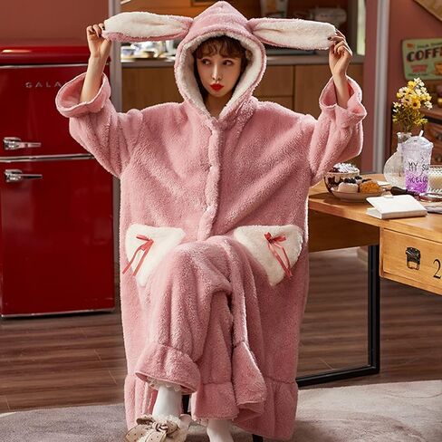 Womens Plush Nightgown Cute Cartoon Coral Fleece Soft Fluffy With hooded Long Bathrobe (Pink, M) in Kuwait