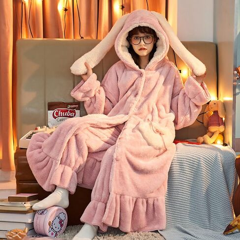 Womens Plush Nightgown Cute Cartoon Coral Fleece Soft Fluffy With hooded Long Bathrobe (Pink, M) in Kuwait