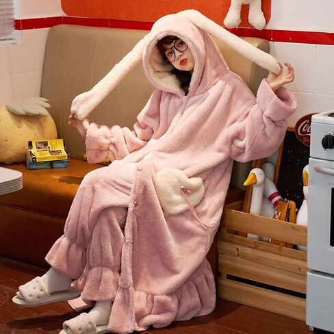 Womens Plush Nightgown Cute Cartoon Coral Fleece Soft Fluffy With hooded Long Bathrobe (Pink, M) in Kuwait