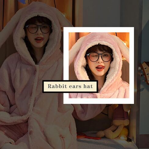 Womens Plush Nightgown Cute Cartoon Coral Fleece Soft Fluffy With hooded Long Bathrobe (Pink, M) in Kuwait