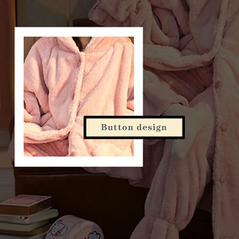 Womens Plush Nightgown Cute Cartoon Coral Fleece Soft Fluffy With hooded Long Bathrobe (Pink, M) in Kuwait