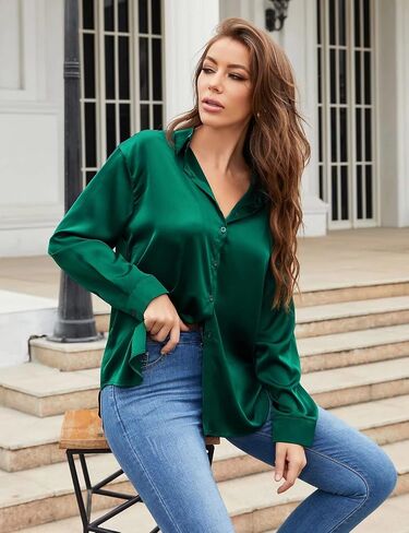 Bloggerlove Women Satin Shirts Button Down Blouse Casual Long Sleeve Silk Blouse Office Work Top in Saudi Arabia