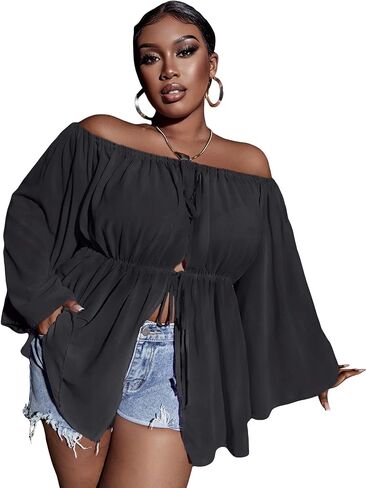 بلوزة نسائية من OYOANGLE بمقاس كبير بدون أكتاف وأكمام طويلة وفتحة أمامية من Peplum in Kuwait