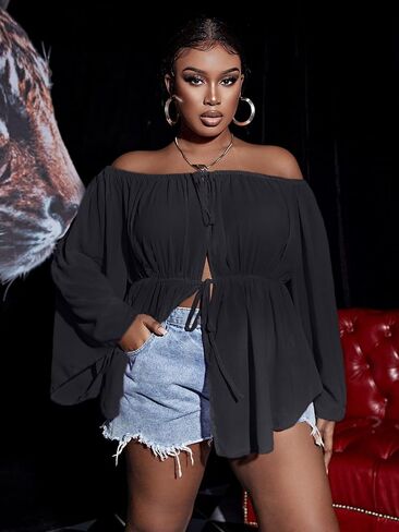 بلوزة نسائية من OYOANGLE بمقاس كبير بدون أكتاف وأكمام طويلة وفتحة أمامية من Peplum in Kuwait