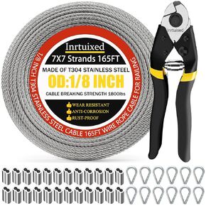 1/8" Wire Rope,1/8" Stainless Steel Cable with Cutter,100FT Wire Rope with Loop Sleeve and Wire Rope Thimble,7x7 Strand Core Metal Wire for Garden Wire,Deck Cable Railing Hardware Kit