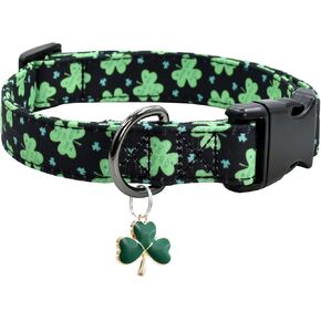 Clover Patterns Dog Collar with Accessories, Durable and Soft Cotton Dog Collars for Small Large Female and Male Dogs Pets(Green Clover L)
