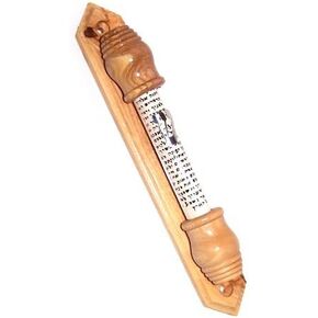 Holy Land Market Silver Shin with Sealed Glass in Olive Wood Mezuzah (19cm or 7.5 inches) fit up to 4 Inch Klaf