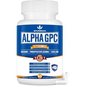 15-in-1 Alpha GPC Supplement - Nootropic Brain Supplement with Phosphatidylserine, Uridine,L-Theanine,Lion's Mane Mushroom for Brain Support, Memory and Focus,60 Capsules
