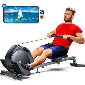 WELLFIT Rowing Machine, Magnetic Rowing Machine for Home, Low-Impact, Compact Upright Storage Rower for Small Space, Portable 34LBS Easy to Move, 300lbs Weight Capacity, Works with Kinomap