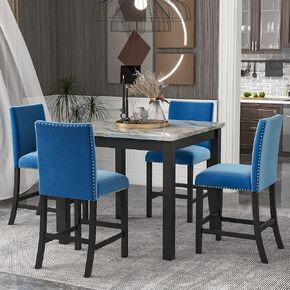 5-Piece Counter Height Dining Table Set, Elegant Faux Marble Top Dining Table with 4 Upholstered Velvet Chairs, Perfect for Kitchen & Living Room Furniture, Blue in Kuwait