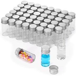 50Pcs 10ml(1/3oz) Small Glass Vials with Lids Lab Sample Vials Empty Refillable Mini Glass Bottles with Silver Aluminum Screw Caps for DIY Crafts Essential Oils Storage Wedding Decoration