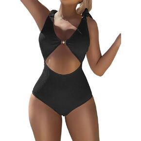Womens Sexy Cutout One Piece Swimsuit Tummy Control High Waisted Monokini Cheeky V Neck Wide Straps Bathing Suit