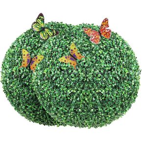 VEVOR Artificial Boxwood Topiary Tree, 36 inch Tall (2 Pieces), Double Ball Faux Topiary Trees, Faux Plant w/Extra Leaves & Pot & Small Decoration, UV Rated Set for Home Decor Indoor/Outdoor