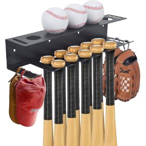 Baseball Bat Holder For Wall, Baseball Bat holder Wall Mount,Baseball Bat Holder, 6 Prongs Steel Bat Rack Holds Up to 10 Bats and 5 baseballs, Dugout Bat Holder For Dugout Fence Or Mounts On Wall
