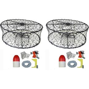 2-Pack of KUFA Sports Foldable Crab Trap with Red/White Floats, Harness, Bait case, Lead Core Sinking Line & Crab Caliper Combo (CT50+CEC1) x2