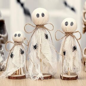 3 Pcs Halloween Decorations Indoor Primitive Halloween Ghost on Wooden Stand Halloween Ghost Table Centerpieces Halloween Tiered Tray Decor Rustic Spooky Ghost Crafts for Fall Home Shelf Mantels