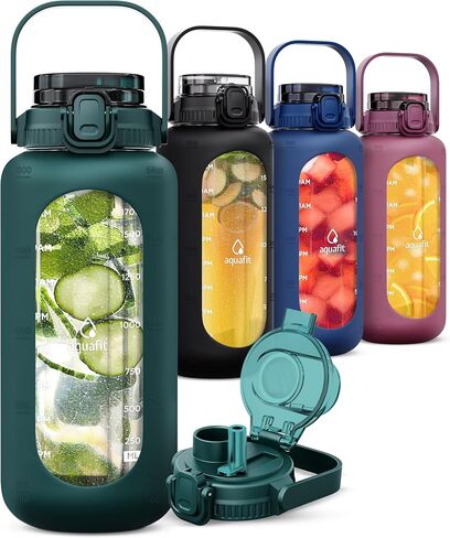 AQUAFIT Glass Water Bottles 64 Oz with Time Marker - 2in1 Straw and Chug Lid - Half Gallon Water Bottle with Silicone Sleeve and Handle, Leakproof Water Bottle (64 oz - 2in1 Lid, Blue) in Saudi Arabia