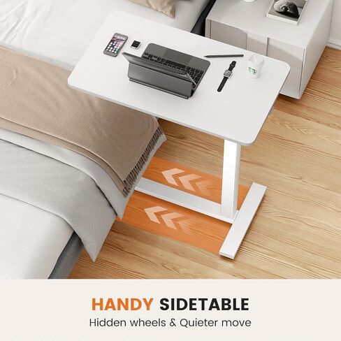 Overbed Bedside Table with Wheels, Mobile Standing Desk Adjustable Height, Modern Portable Rolling Bed Table for Laptop Computer Writing, Hospital & Home Use, White in Saudi Arabia