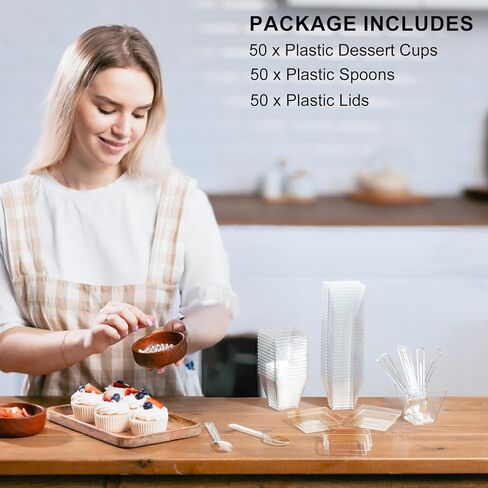 أكواب حلوى باراسيتي بوزن 2 أونصة مع أغطية وملاعق، 50 قطعة من أكواب بارفيه بلاستيكية مربعة صغيرة مع أغطية، أكواب حلوى للاستعمال مرة واحدة للكعك والفواكه in Kuwait