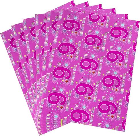 RUSPEPA Birthday Wrapping Paper Sheets with Star and Number 6 Pattern Great for Birthday Gift Wrap, 6 Fold on Sheets Each Set, 27 inches x 19 inches - 6th Birthday Girl in Saudi Arabia