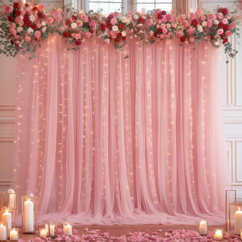 10x10ft Dusty Rose Tulle Backdrop Curtain with Lights String for Parites, Sheer Photo Backdrop Drapes for Wedding Baby Shower Bridal Shower Birthday Party Photo Shoot Background Decorations in Saudi Arabia