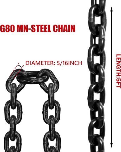 Chain Sling 5/16 Inch x 5 Ft Lifting Chains Double Leg with Grab Hooks Chain Slings for Lifting 3 Ton Capacity Lifting Slings G80 Alloy Steel Engine Lift Chain for Cargo Security Towing in Saudi Arabia