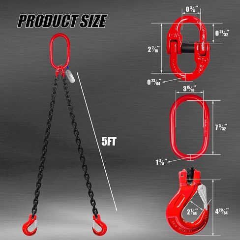Chain Sling 5/16 Inch x 5 Ft Lifting Chains Double Leg with Grab Hooks Chain Slings for Lifting 3 Ton Capacity Lifting Slings G80 Alloy Steel Engine Lift Chain for Cargo Security Towing in Saudi Arabia