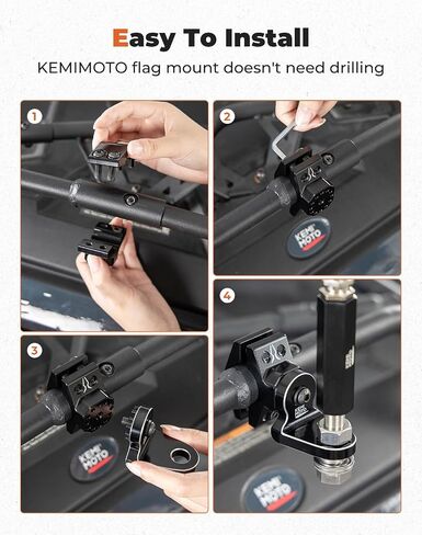 حامل سوط KEMIMOTO ATV، دعامة تثبيت على شكل علم للخدمة الشاقة من الألومنيوم باستخدام الحاسب الآلي، شريط إضاءة LED قابل للتعديل لقضبان المقود 7/8 بوصة - 9/8 بوصة متوافقة مع ATV E-Bike Gocart 360 درجة دوران (2) in Saudi Arabia