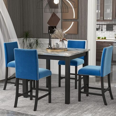 5-Piece Counter Height Dining Table Set, Elegant Faux Marble Top Dining Table with 4 Upholstered Velvet Chairs, Perfect for Kitchen & Living Room Furniture, Blue in Kuwait