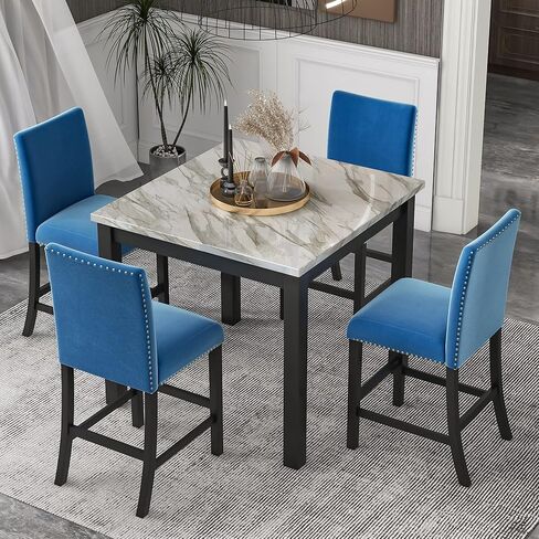 5-Piece Counter Height Dining Table Set, Elegant Faux Marble Top Dining Table with 4 Upholstered Velvet Chairs, Perfect for Kitchen & Living Room Furniture, Blue in Kuwait